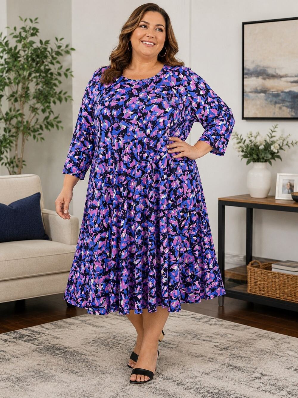 Roaman's Women 6X Petite 42/44 Floral Swing Dress Pink Blue 3/4 Sleeve Plus